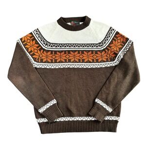 Vintage Sigallo Mens XL Brown Fair Isle Snowflake Crewneck Sweater Acrylic 80s